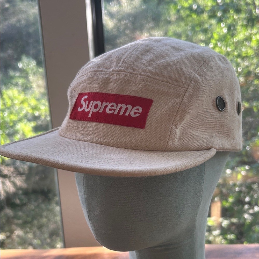 Supreme Authentic Beige Canvas 5-Panel Cap with Red Box Logo !! Made In USA!